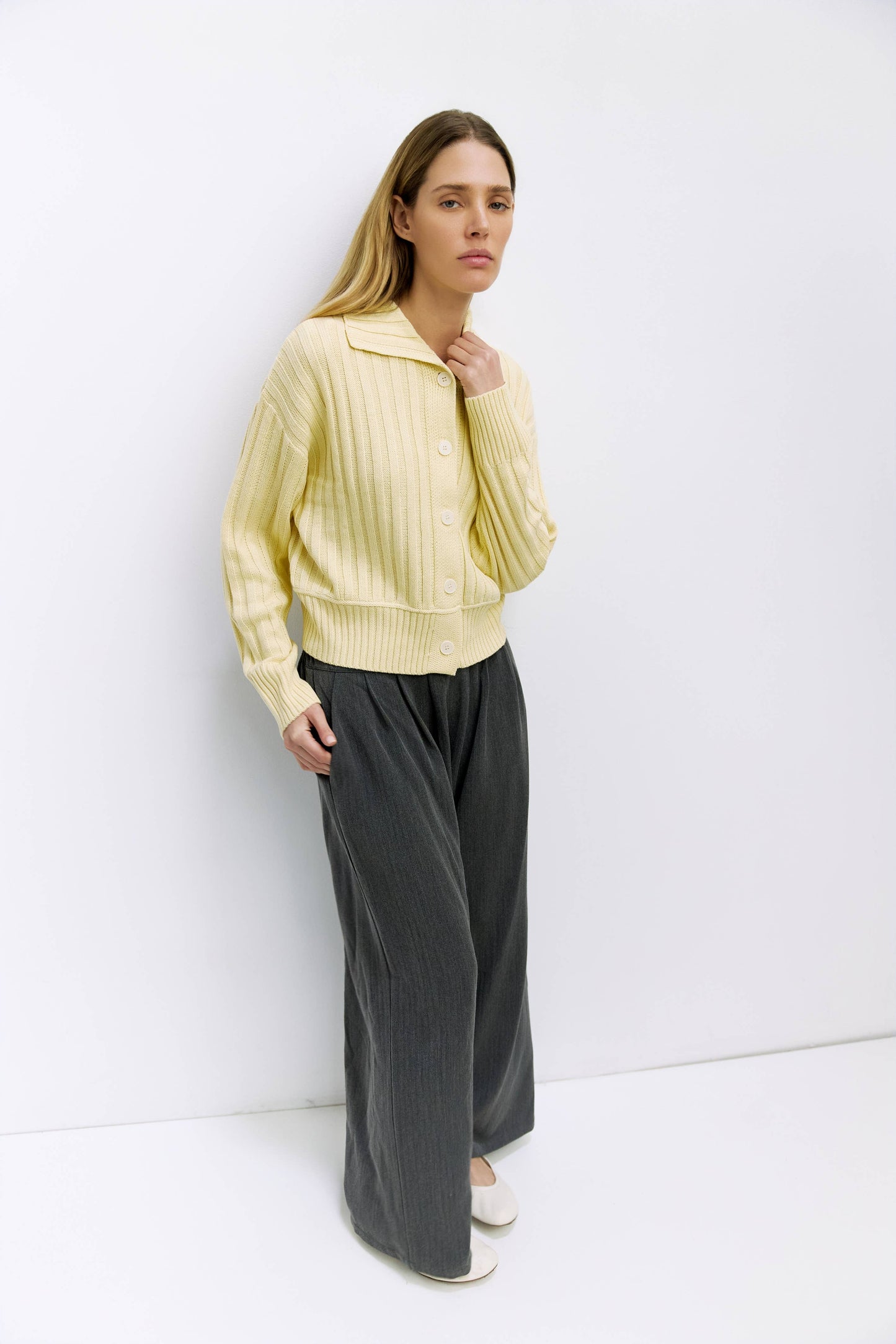 Yellow Ribbed Collared Cardigan