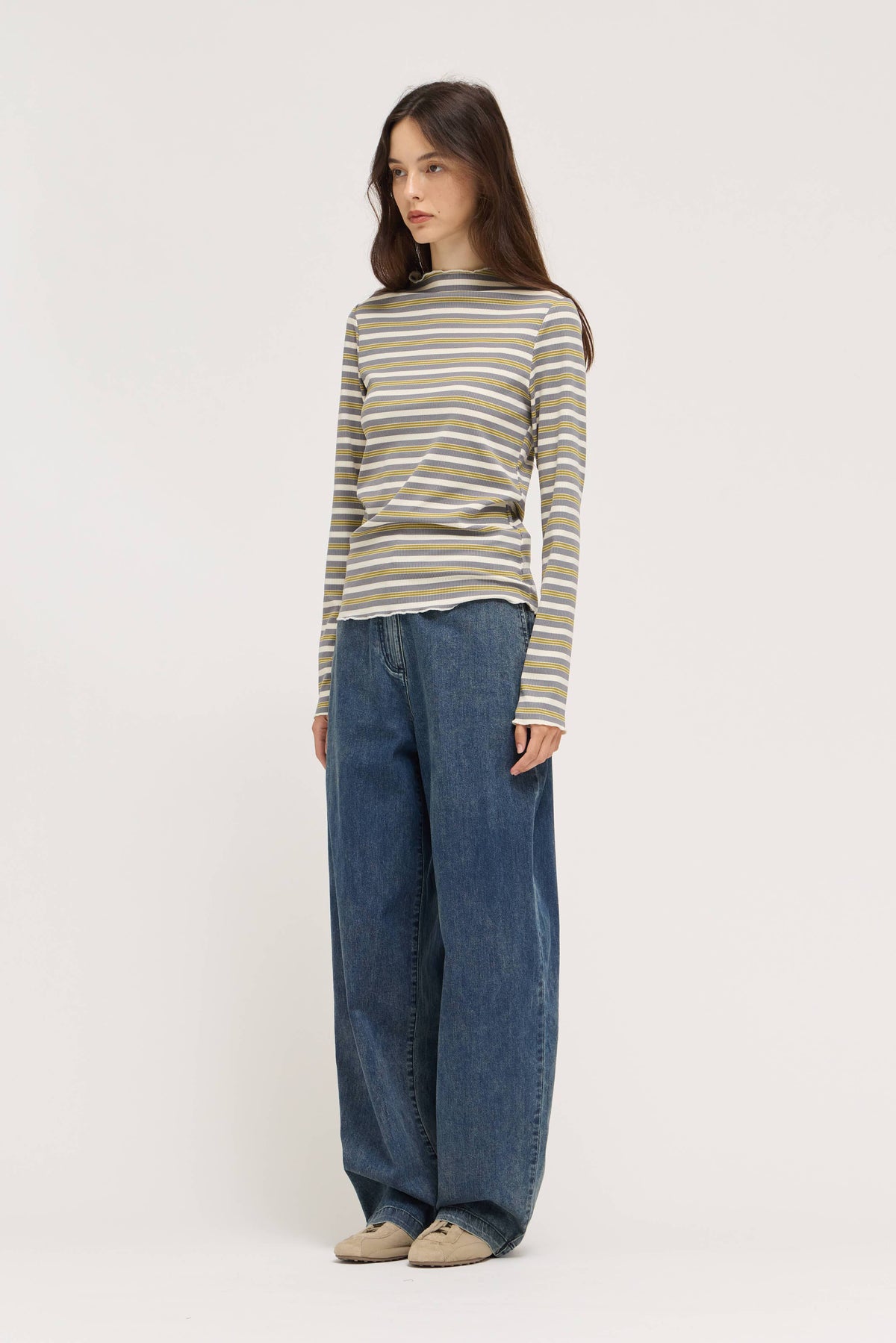 Gray Multi Stripe Mock Neck Top