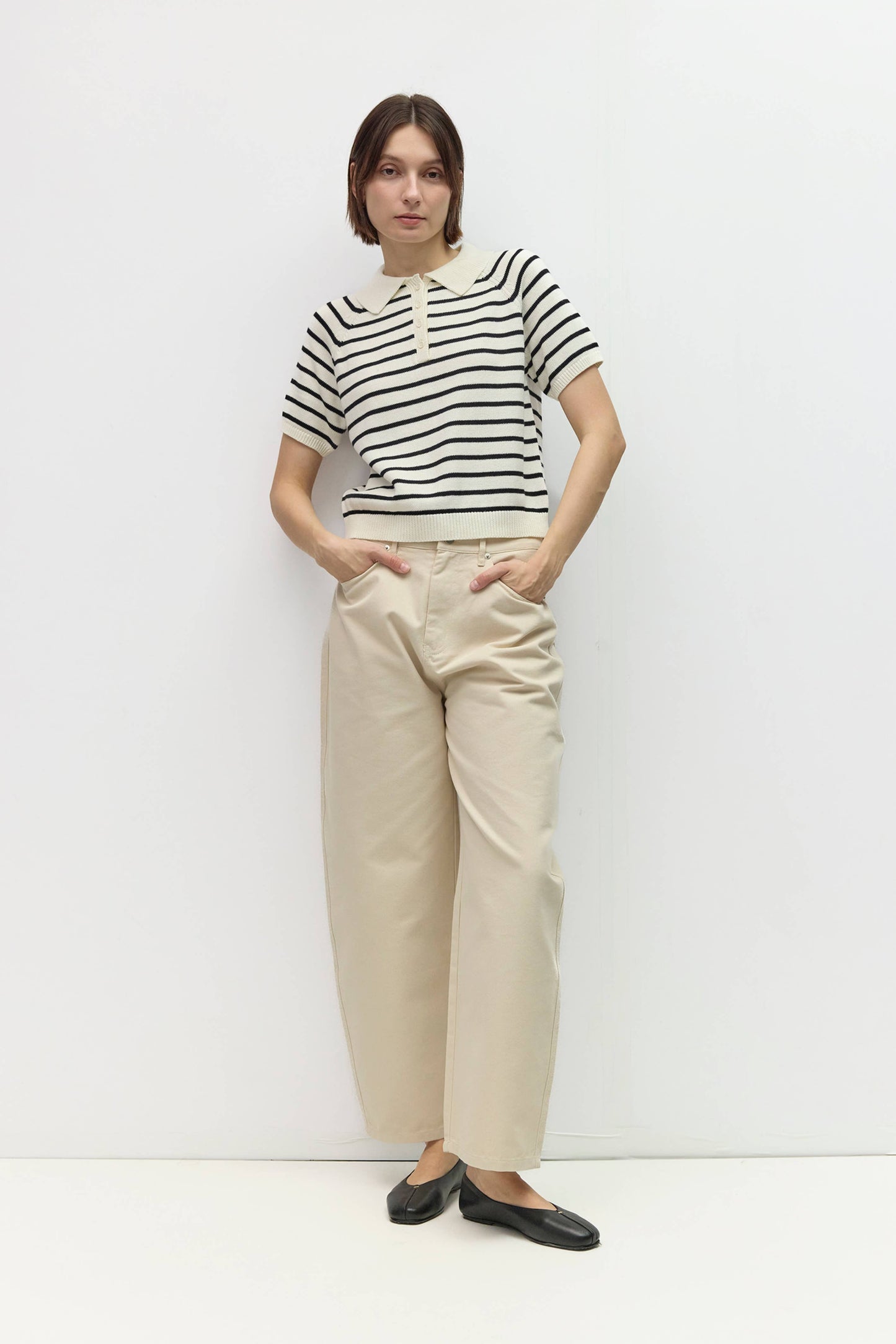 White Black Striped Short Sleeve Knit Collared Top