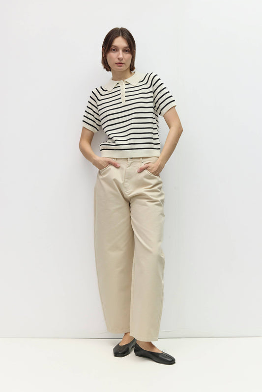 White Black Striped Short Sleeve Knit Collared Top