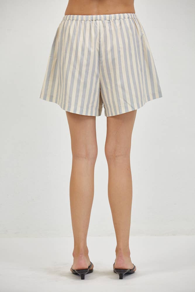 Blue Striped Elastic Waist Shorts