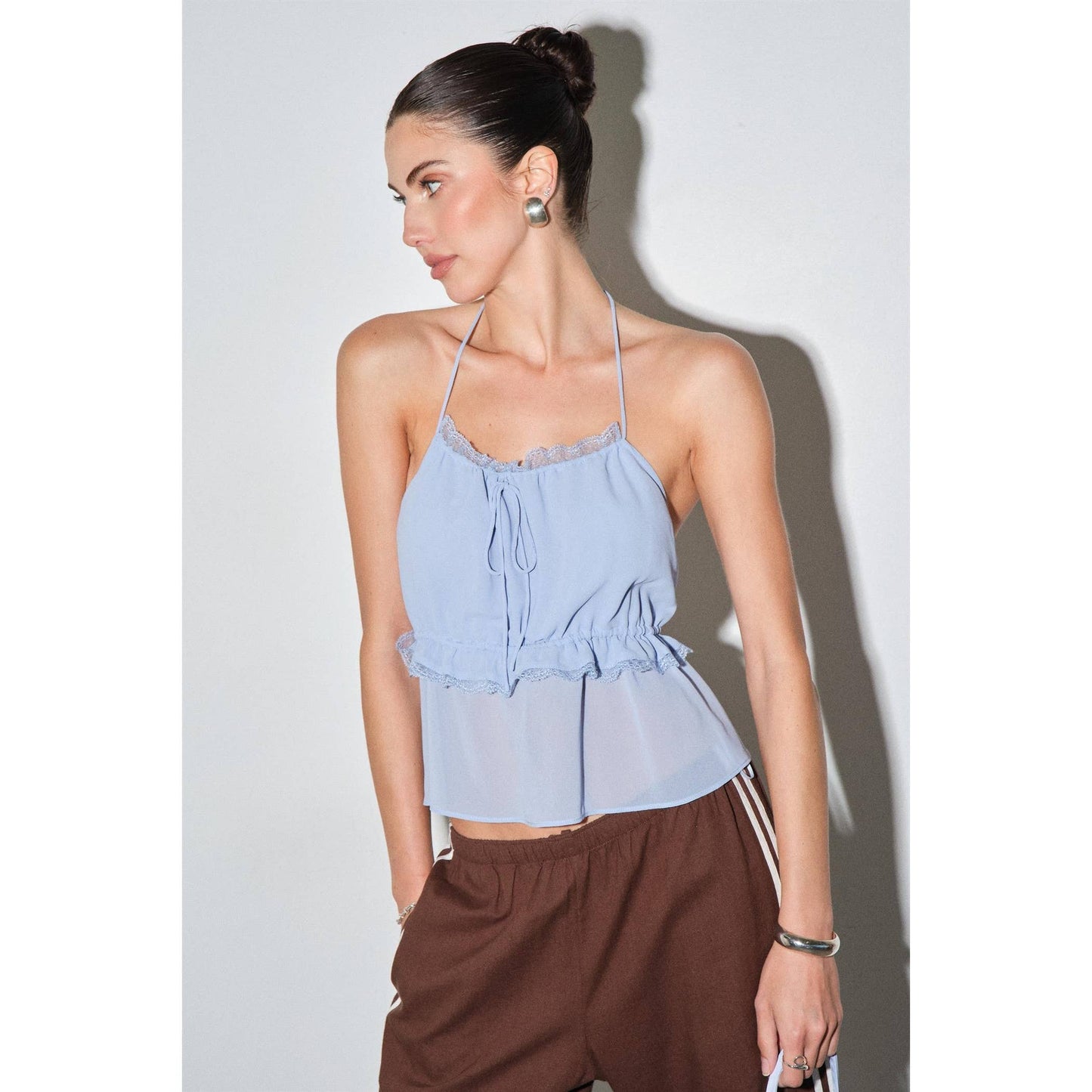 Light Blue Chiffon Lace Trim Halter Top