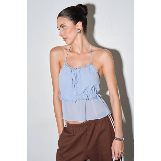 Light Blue Chiffon Lace Trim Halter Top