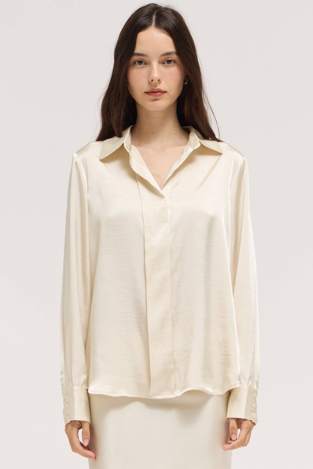 Ivory Satin Button-Down Blouse
