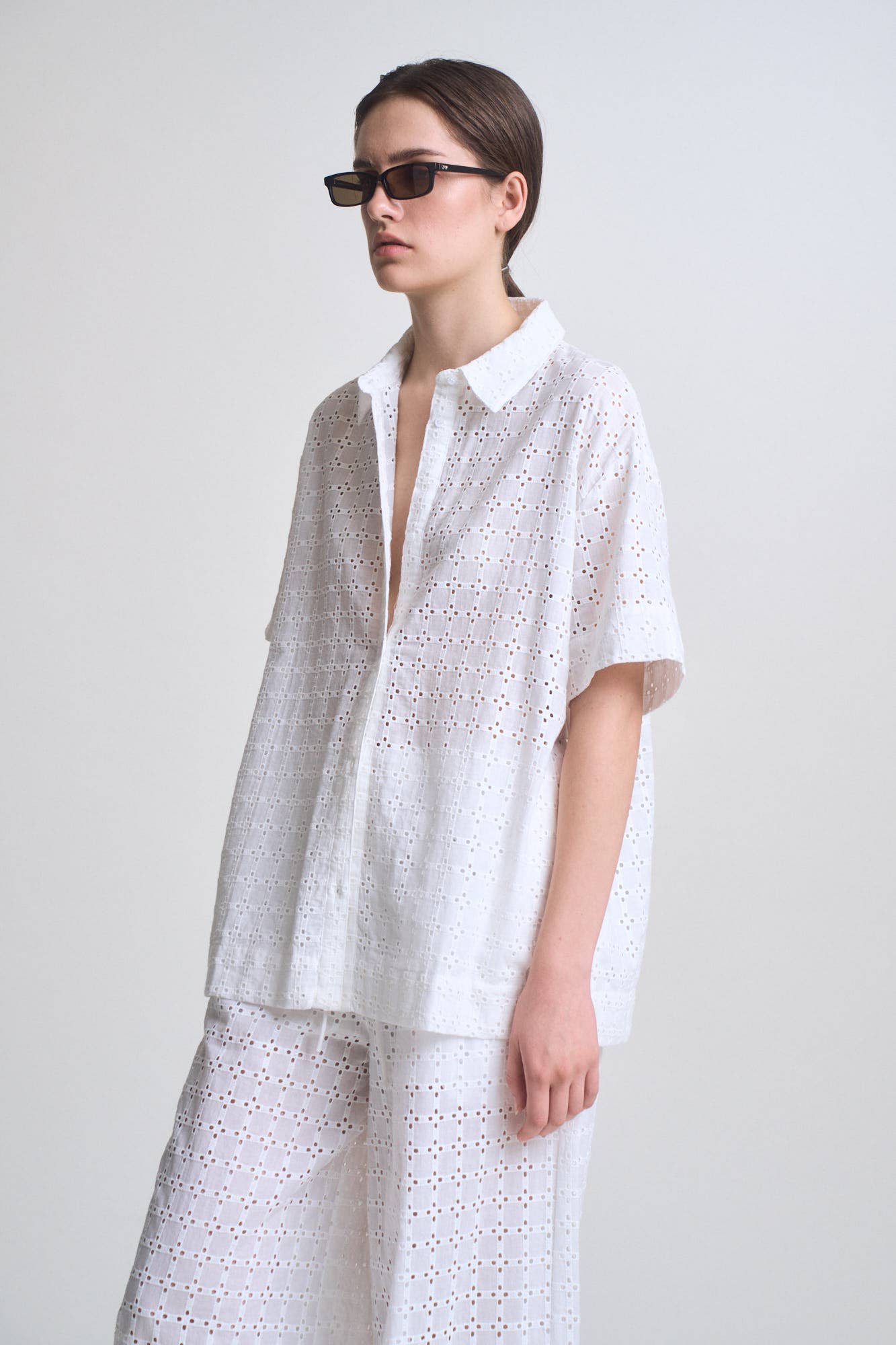 White Square Eyelet Short Sleeve Shirt