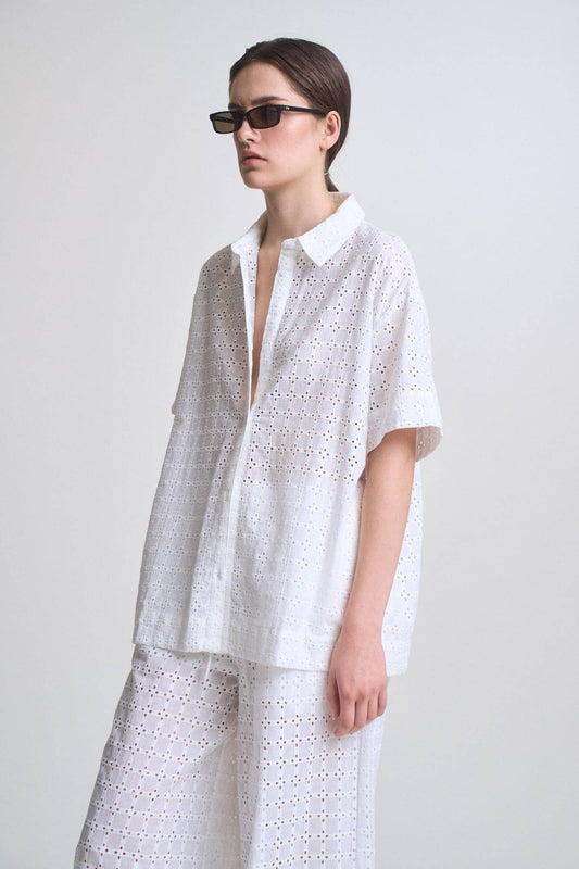 White Square Eyelet Short Sleeve Shirt