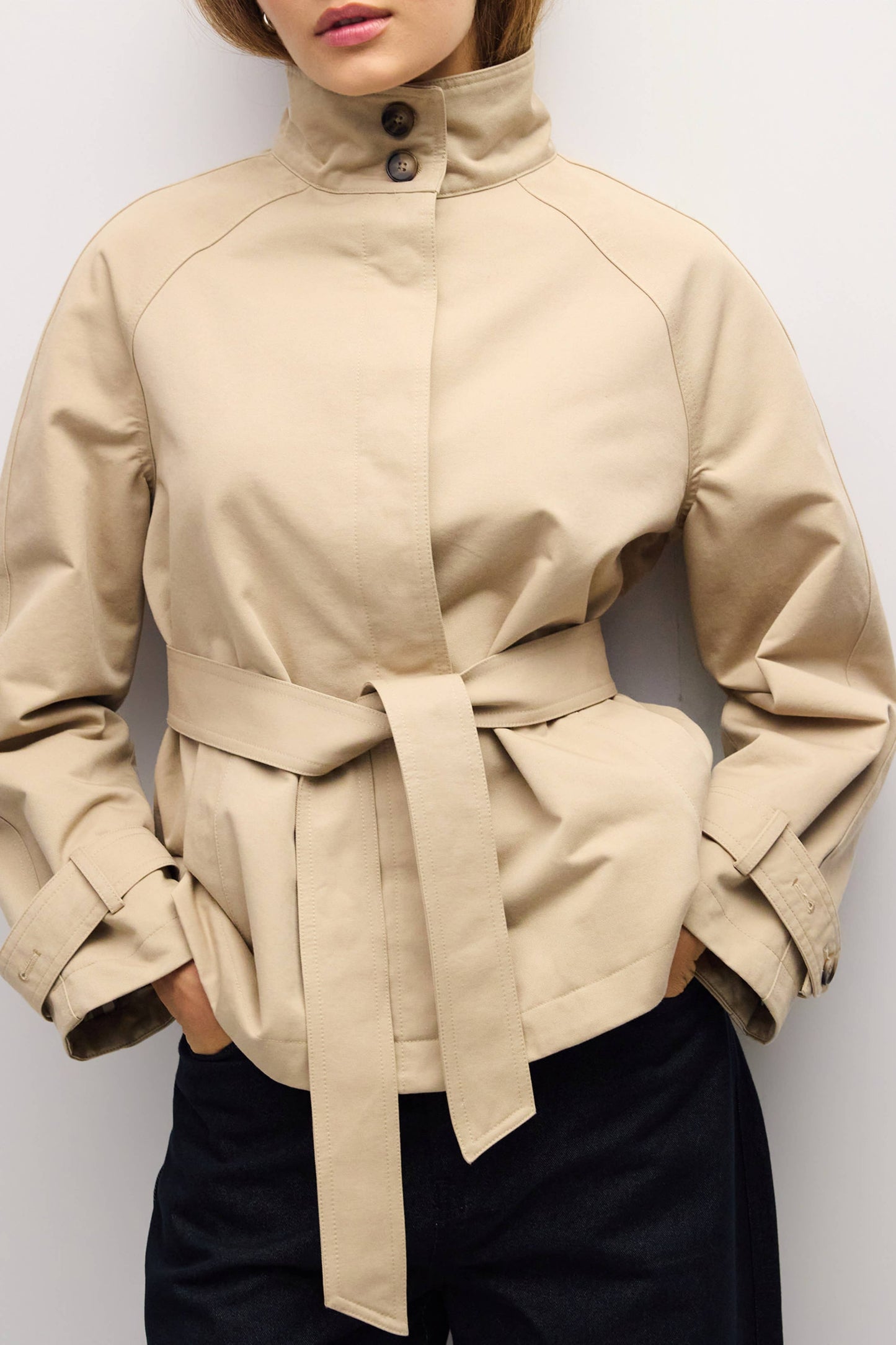 High Neck Belted Raglan Jacket