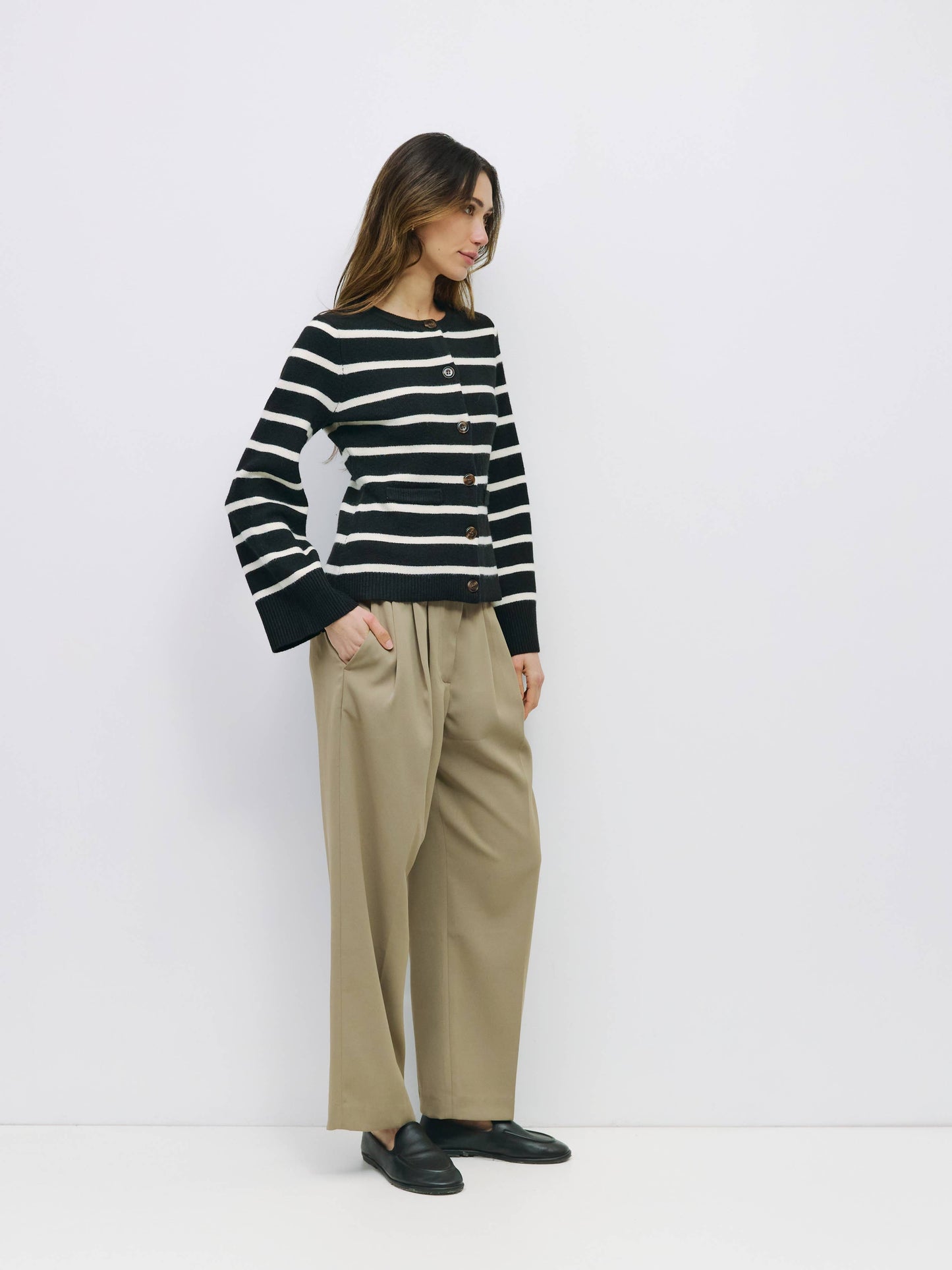 Black Striped Bell Sleeve Buttoned Cardigan