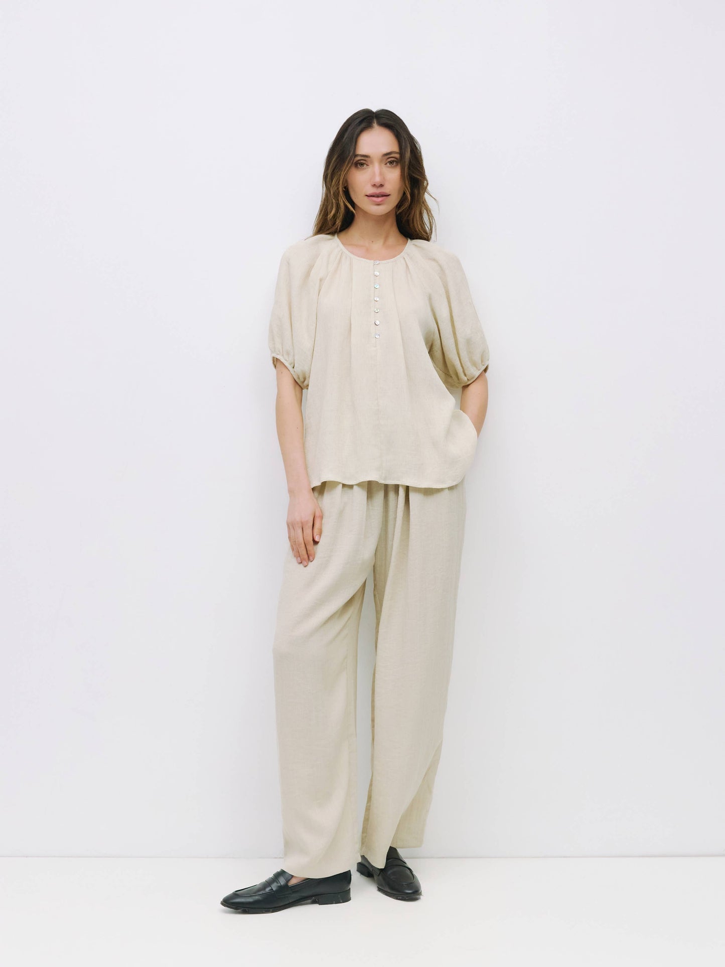 Pleated Half Button Blouse