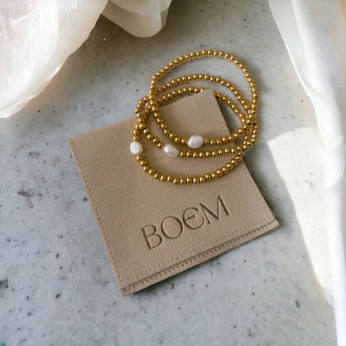 Gold Beaded Pearl Stretch Bracelet