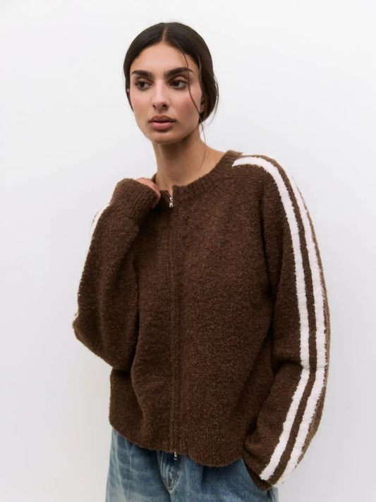 Knit Boucle Striped Sleeve Zip-Up Jacket