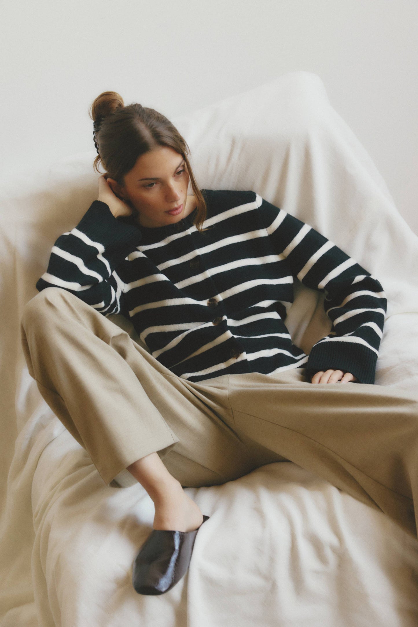 Black Striped Bell Sleeve Buttoned Cardigan