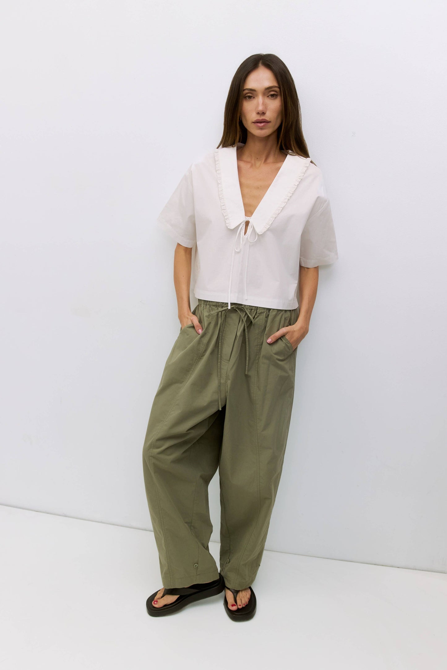 Poplin Lace Trim V Neck Boxy Top