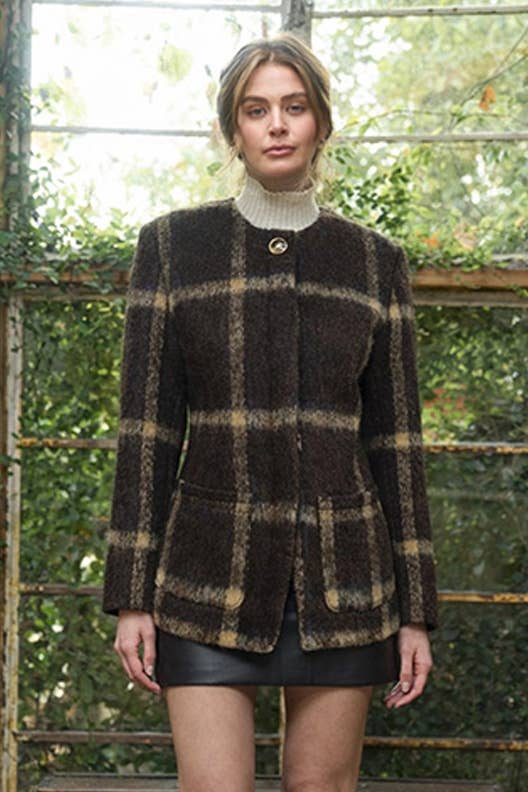 Brown Plaid Sculpted Waist Blazer