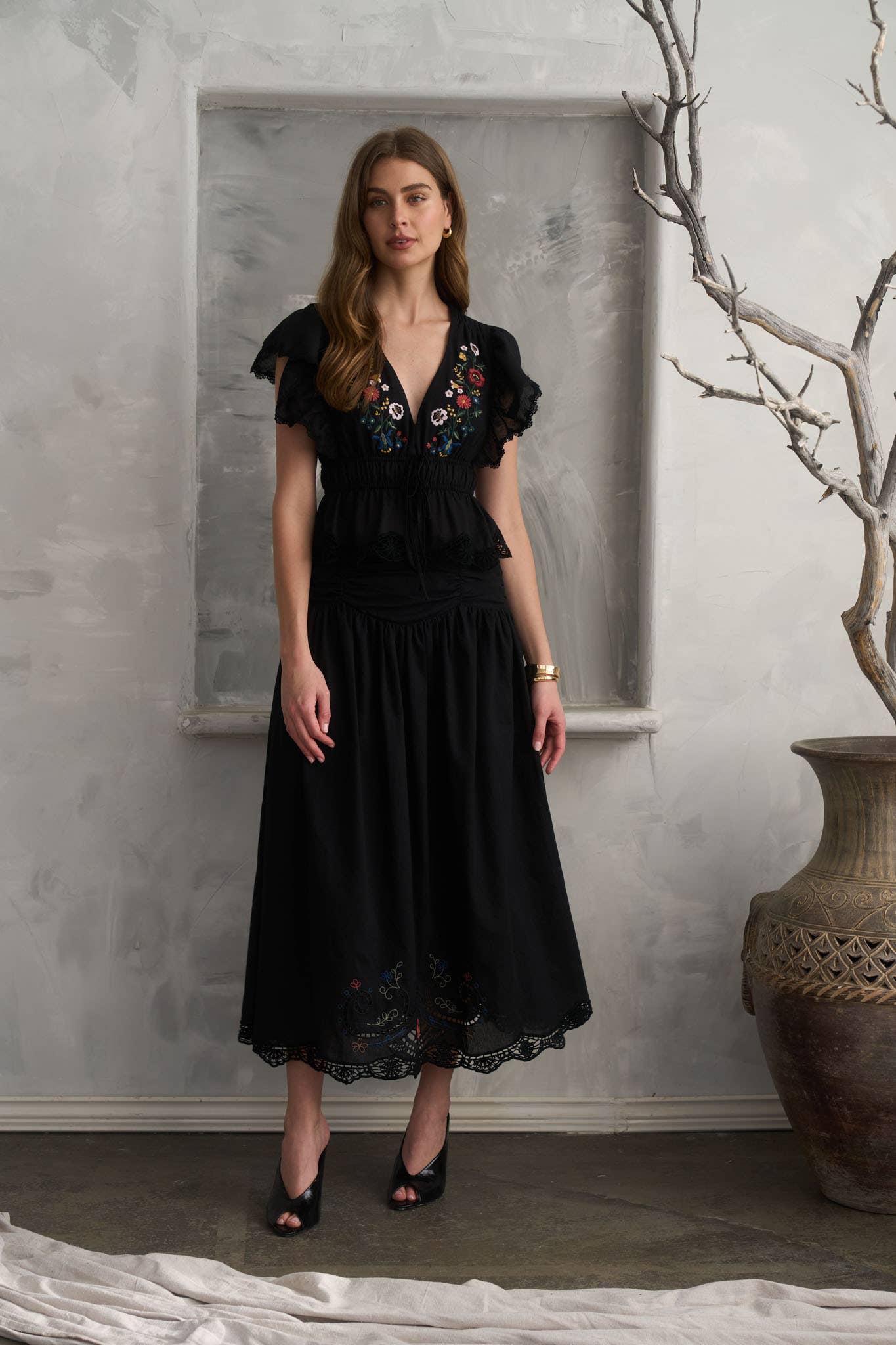 Black Embroidered Ruffle Sleeve Top