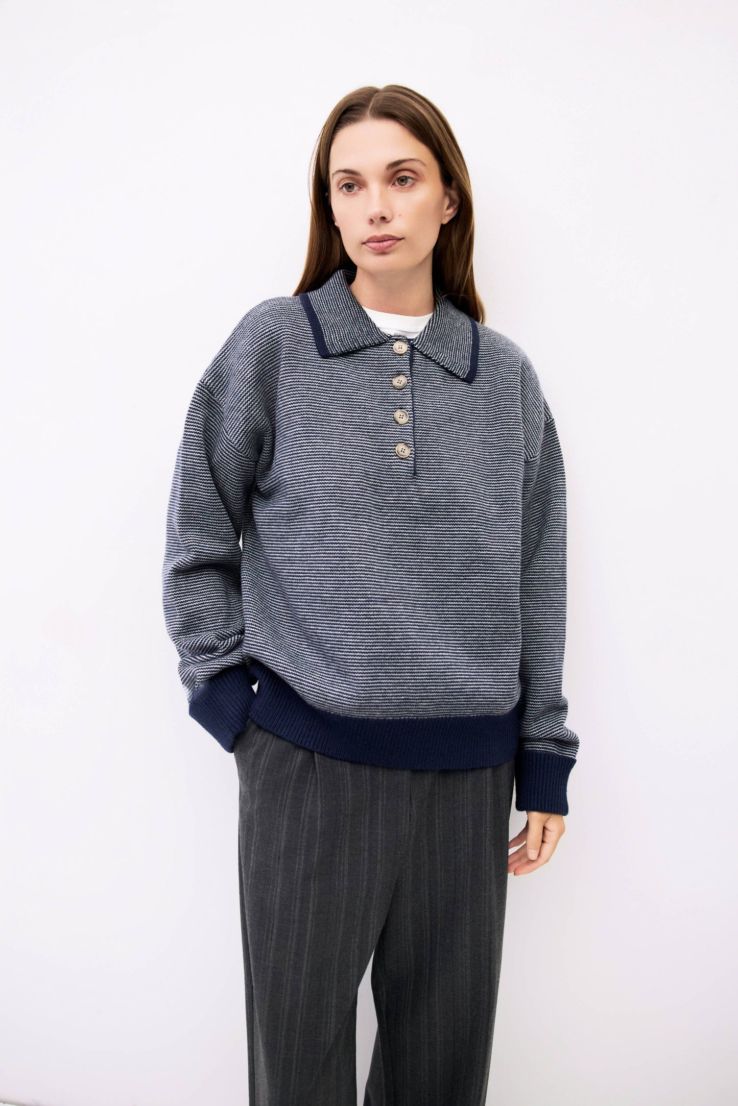 Blue Striped Collared Polo Sweater