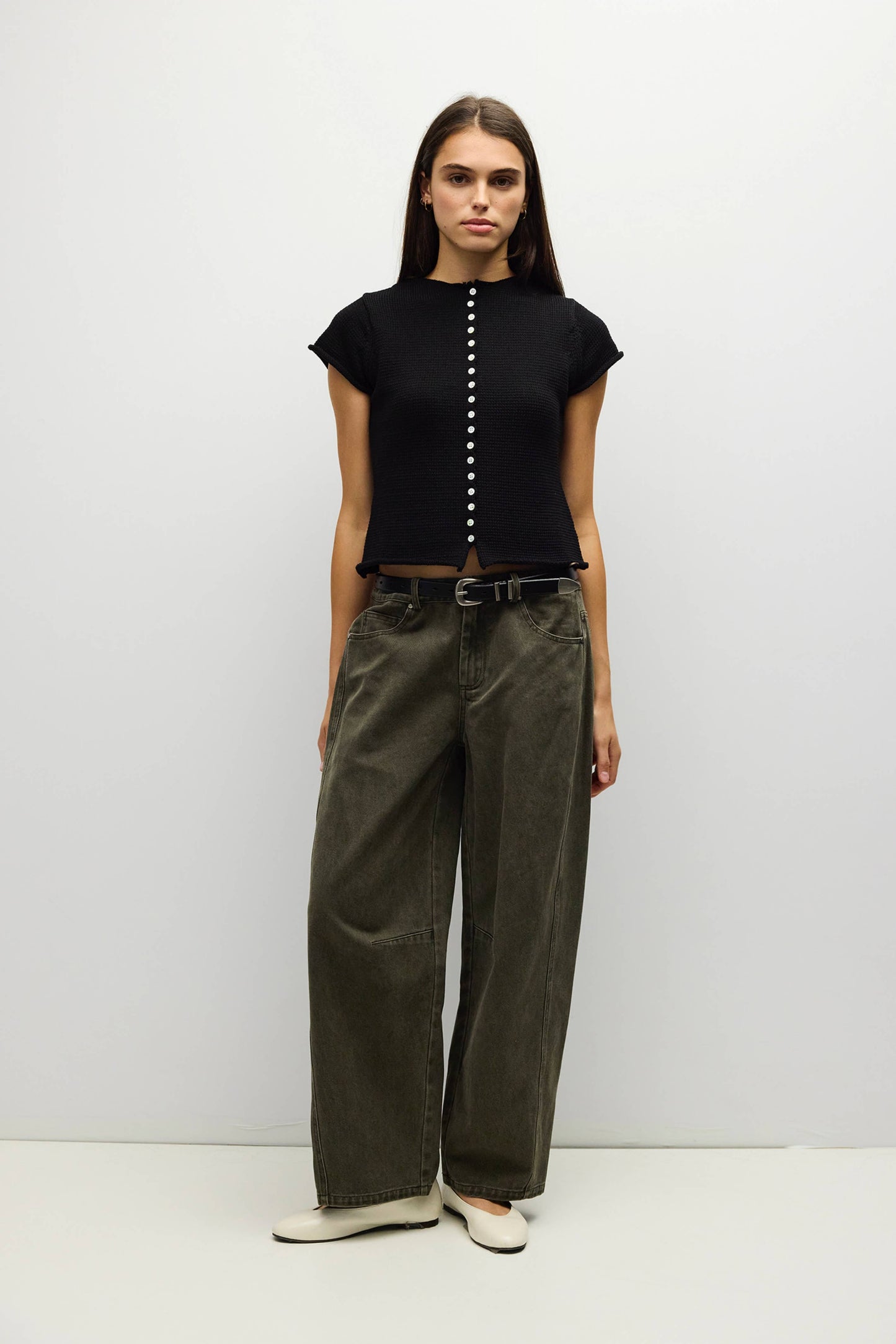 Rolled Edge Cotton Knit Button Top