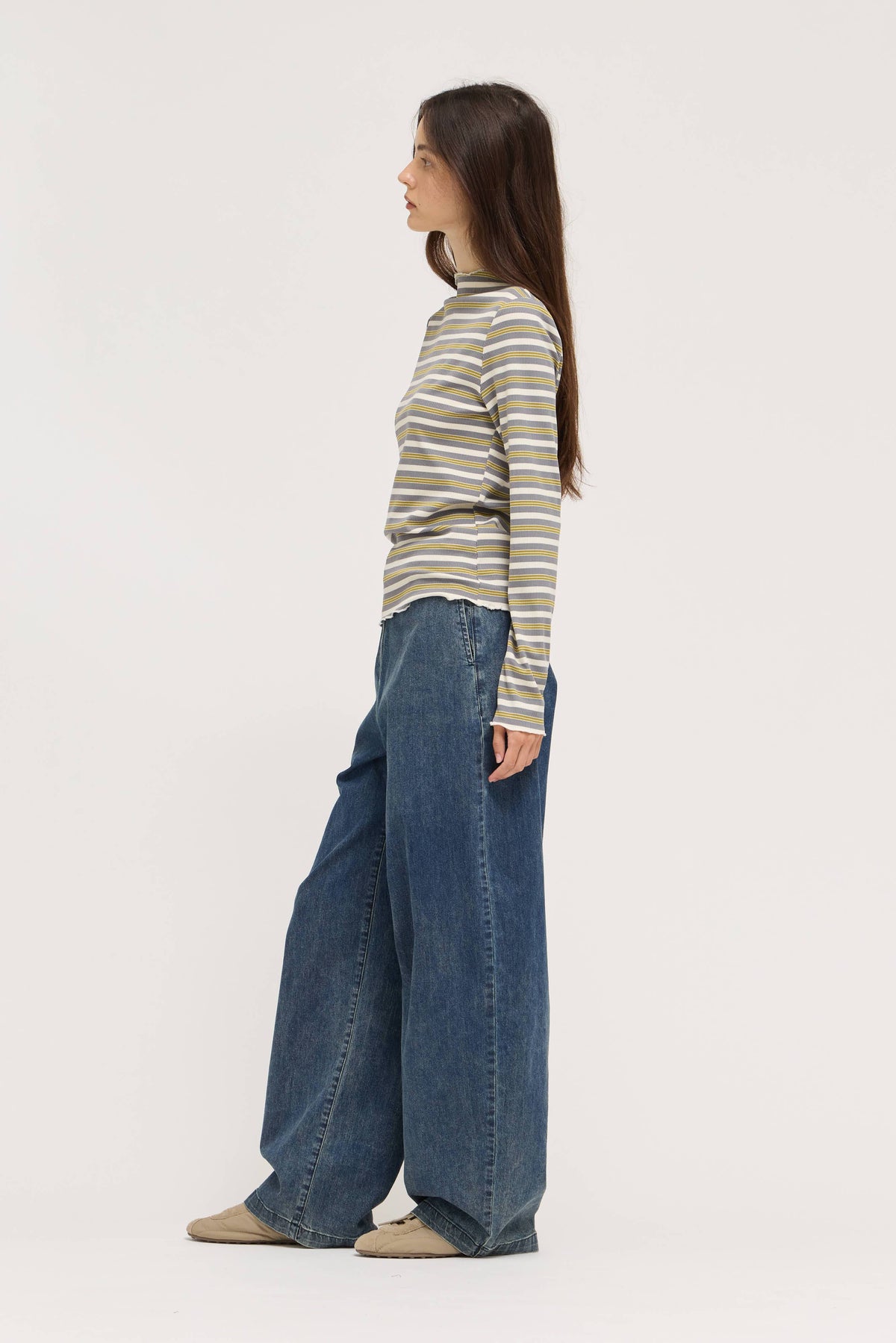 Gray Multi Stripe Mock Neck Top