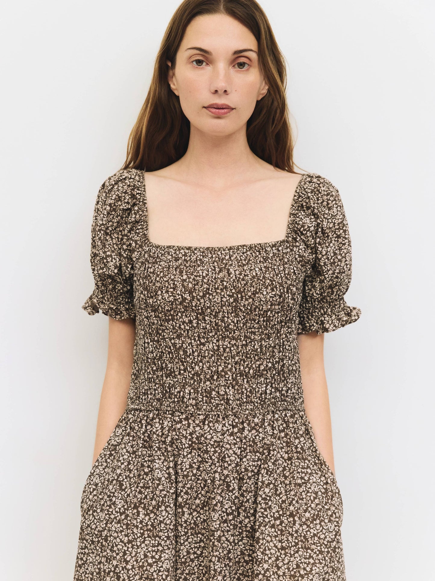Brown Floral Cotton Smocked Midi Dress
