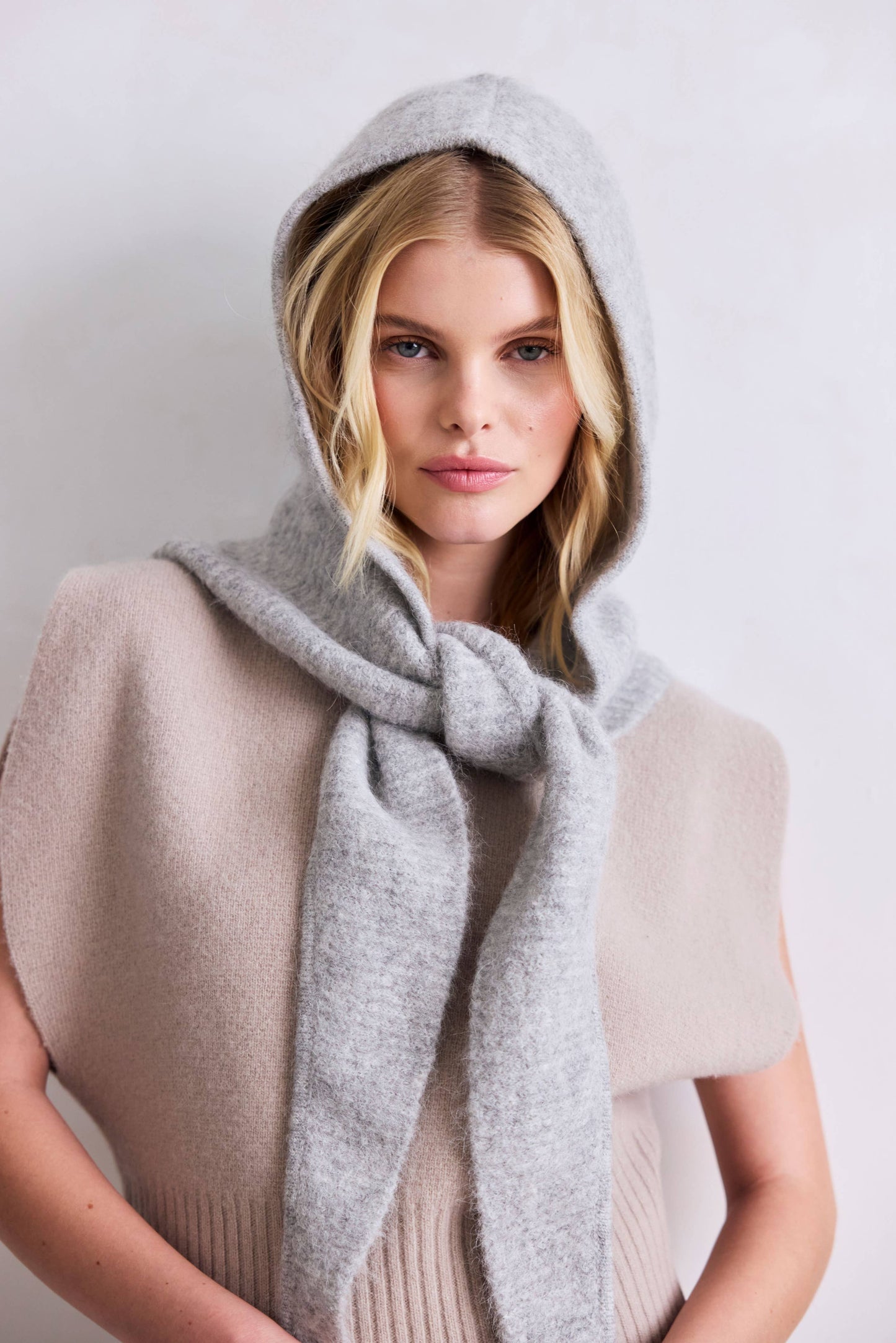 Grey Alpaca Wool Hooded Scarf