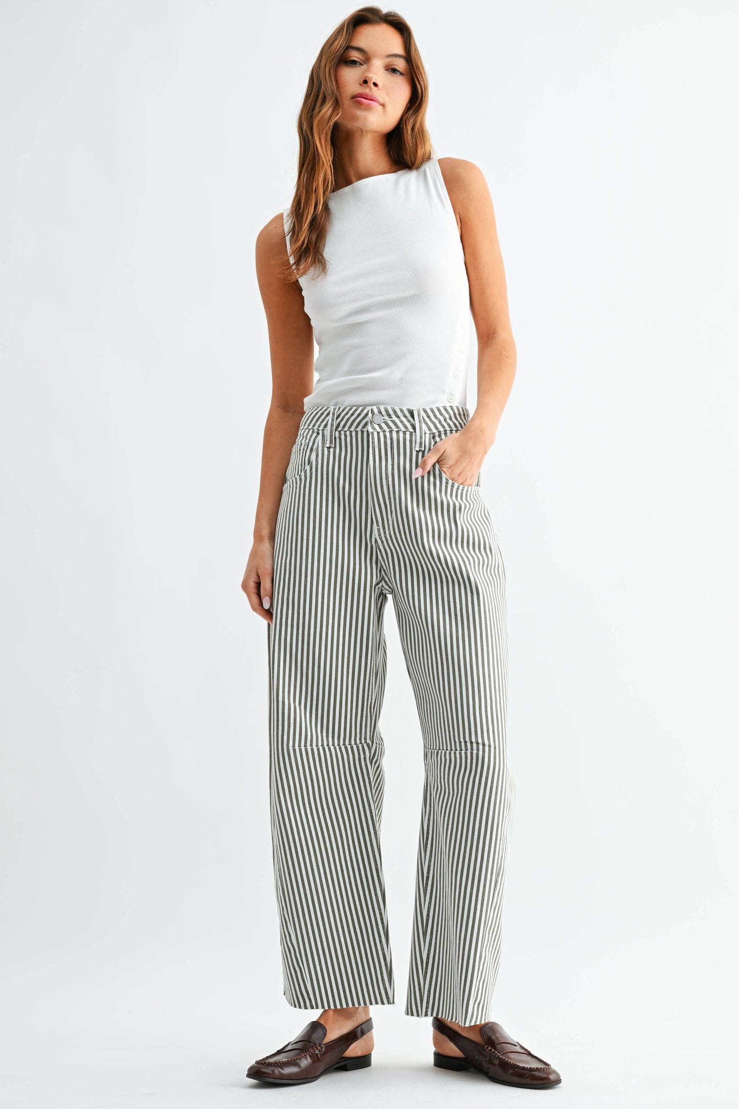 Olive Stripe Seamed Barrel Jean