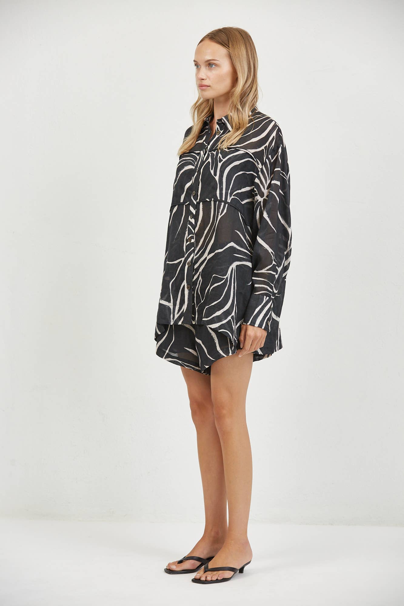 Black Cream Linen Print Button Down Top
