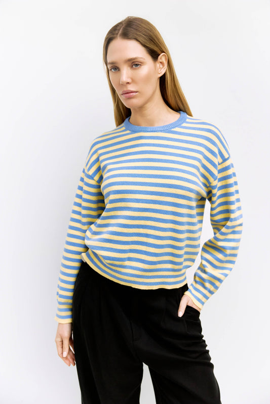 Blue Yellow Striped Crewneck Sweater