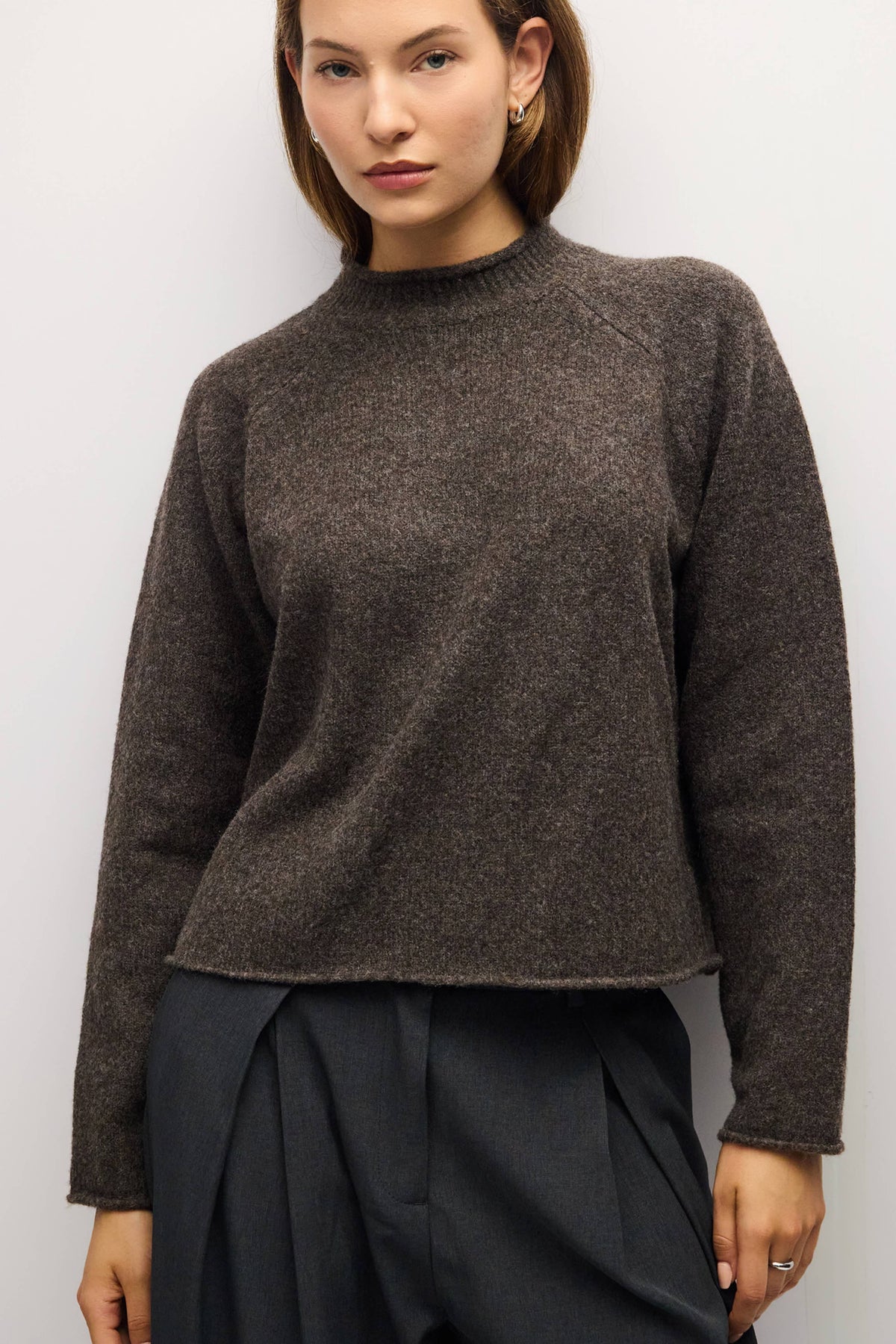 Brown Rolled Neck Raglan Pullover Sweater