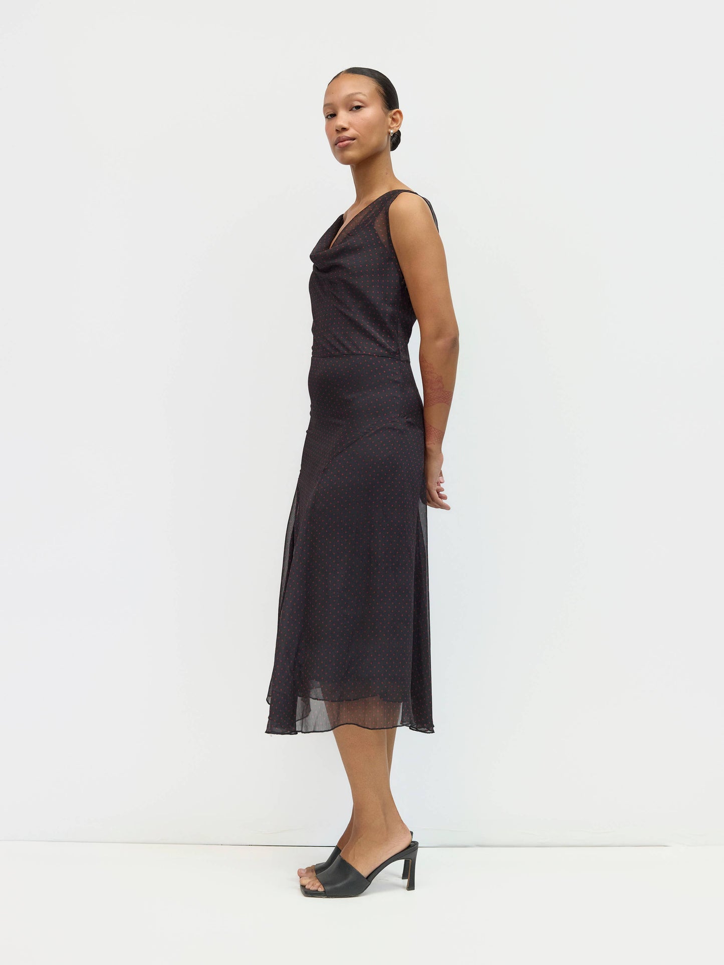 Black Red Polka Chiffon Midi Dress