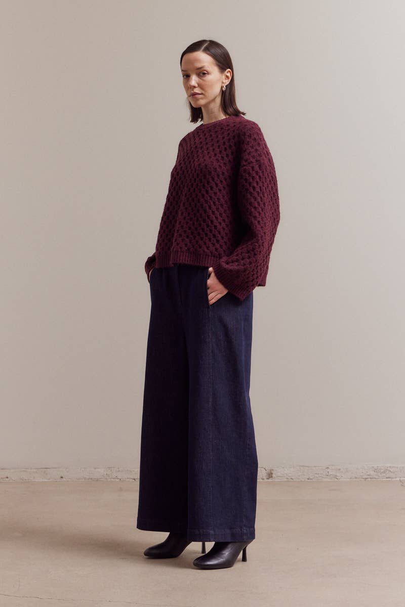 Plum Check Textured Knit Crewneck Sweater