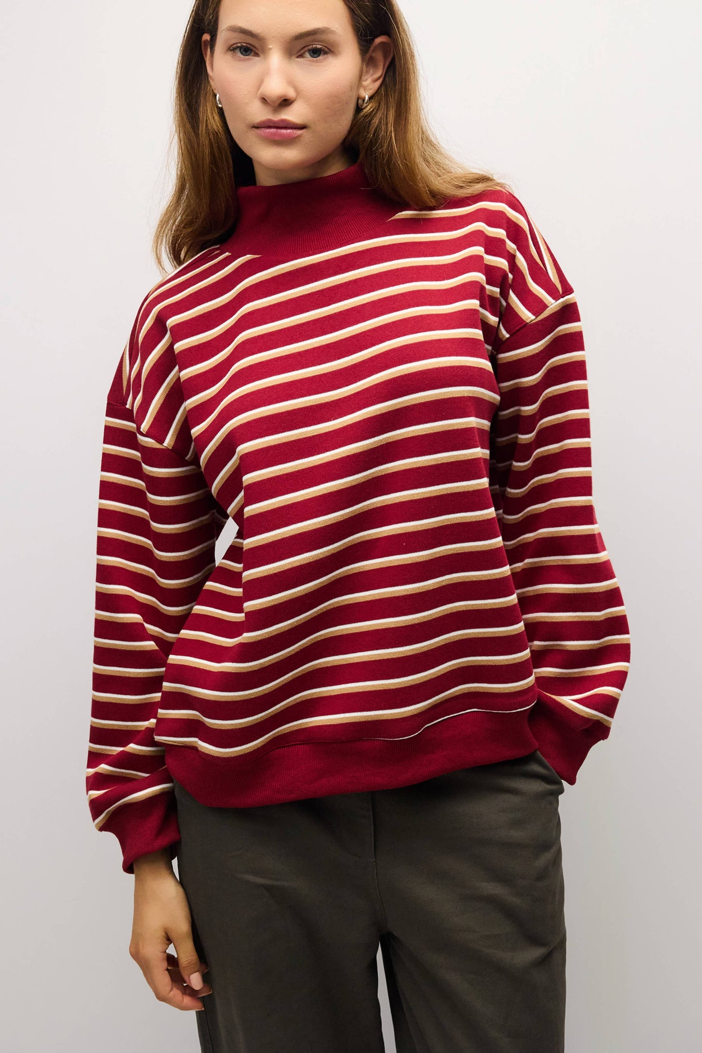 Red and Tan Striped Funnel Neck Fleece