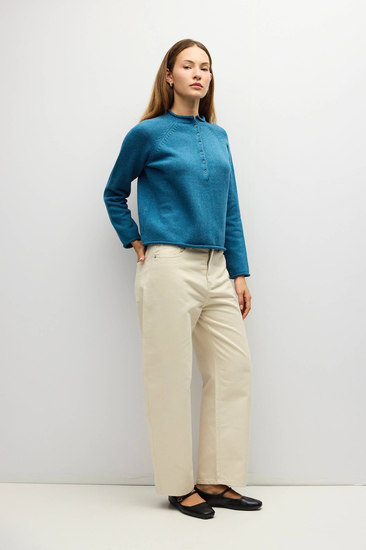 Teal Rolled Edge Henley Sweater