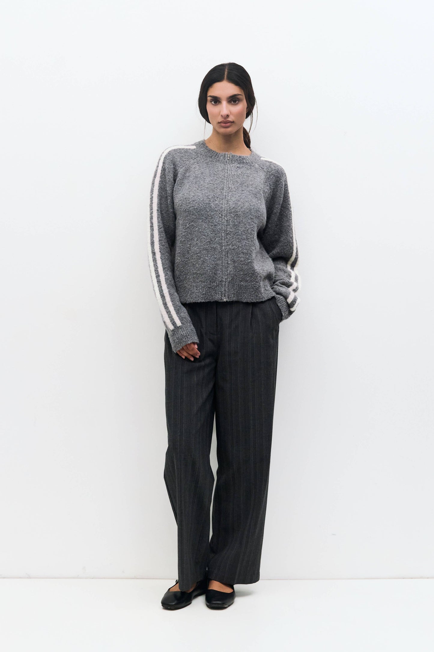 Knit Boucle Striped Sleeve Zip-Up Jacket