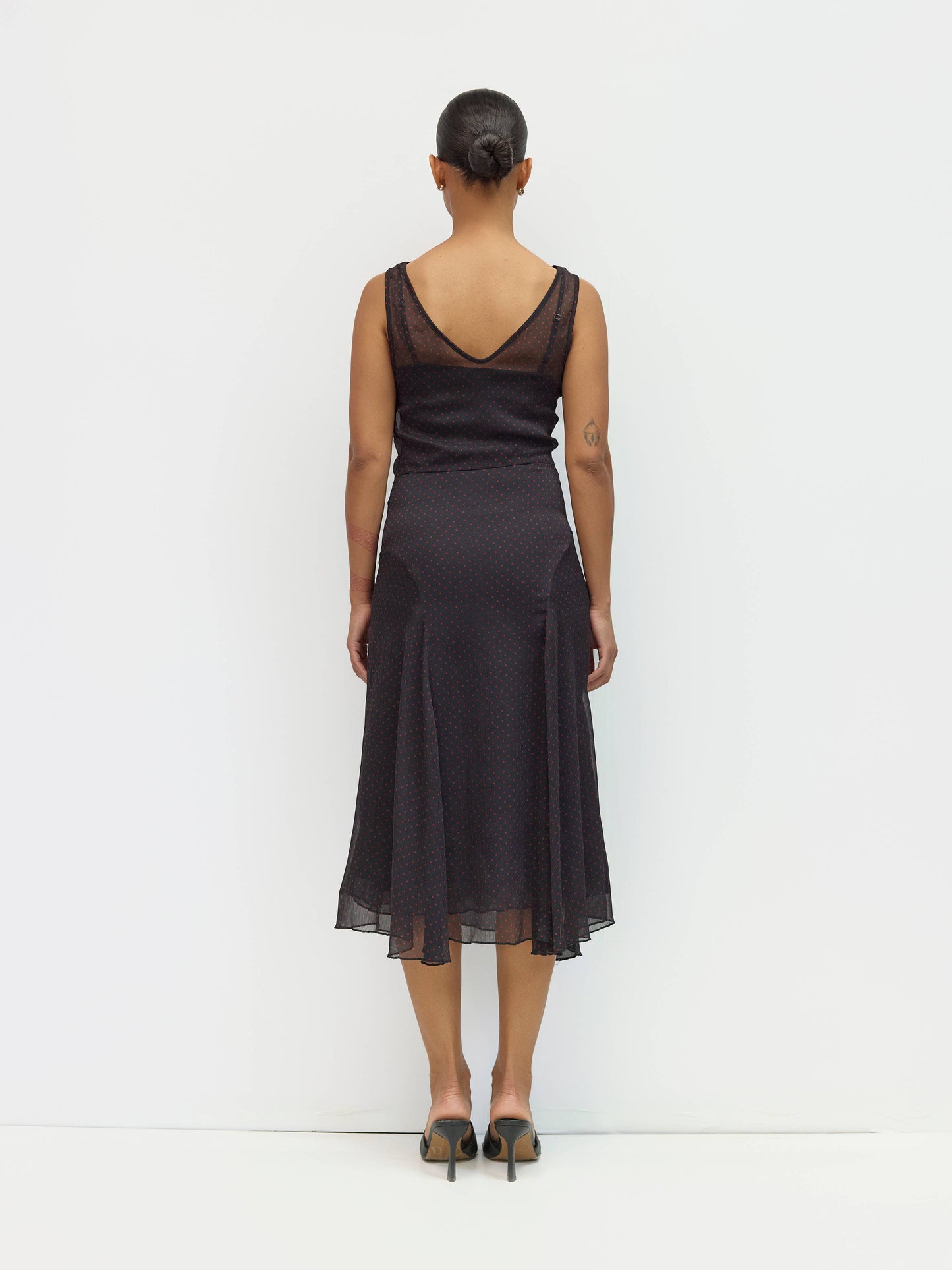 Black Red Polka Chiffon Midi Dress