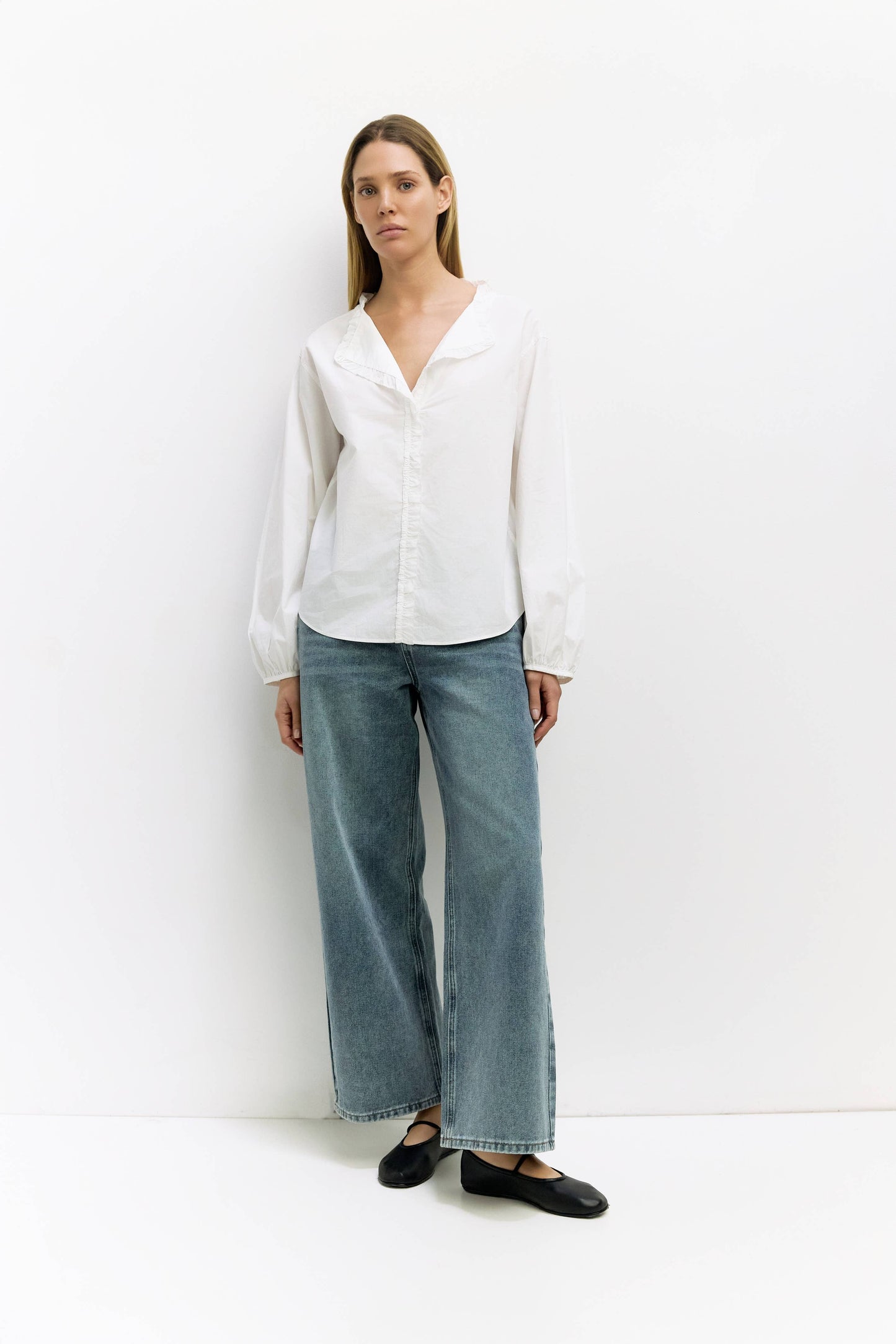 White Ruffle Button-Down Shirt