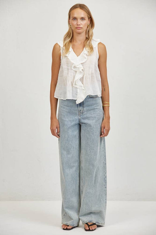 White Linen Ruffle V-Neck Sleeveless Top