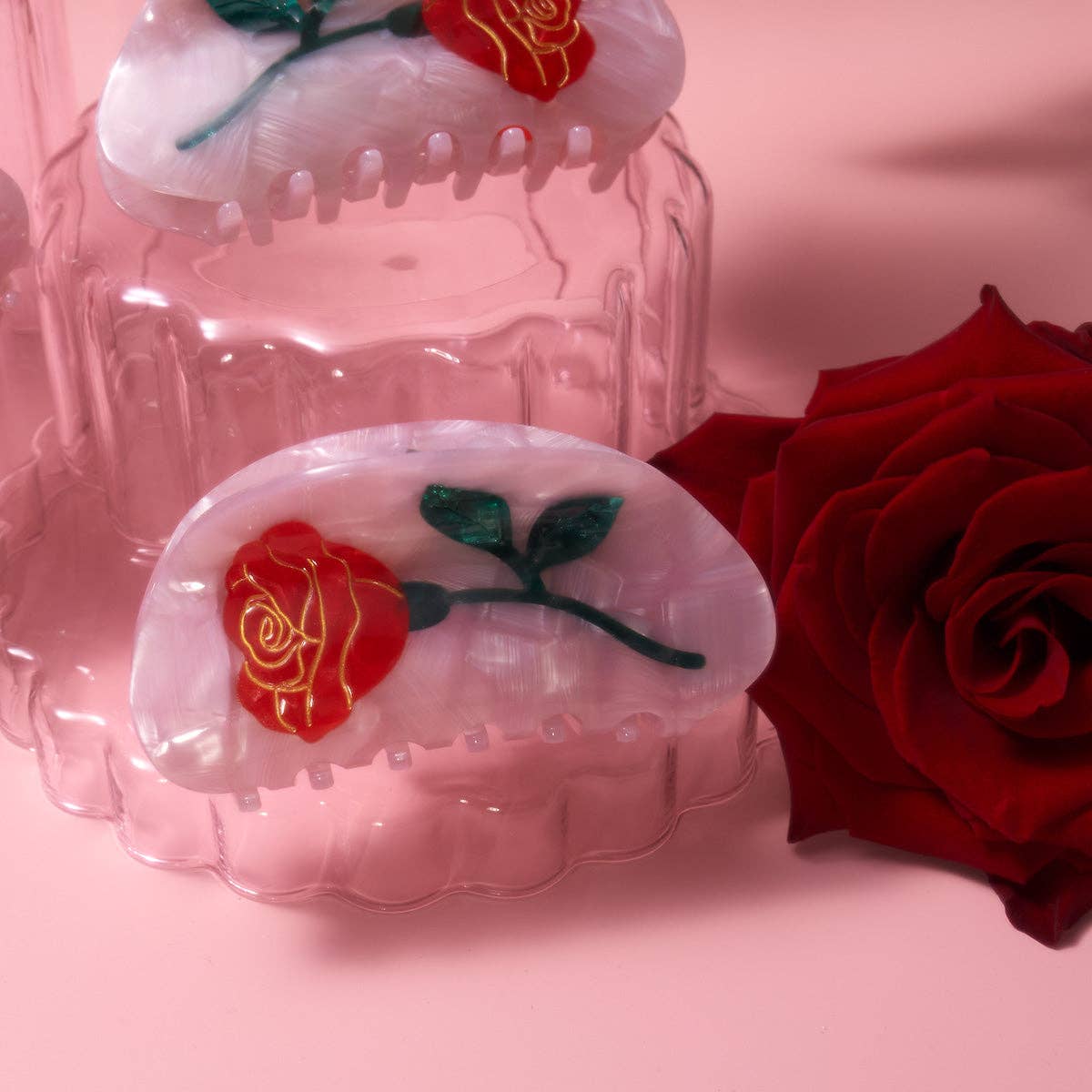 Pink Belle Red Rose Acetate Hair Claw