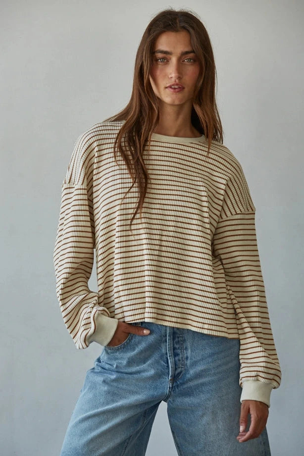 Striped Ribbed Crew Neck Long Sleeve Top