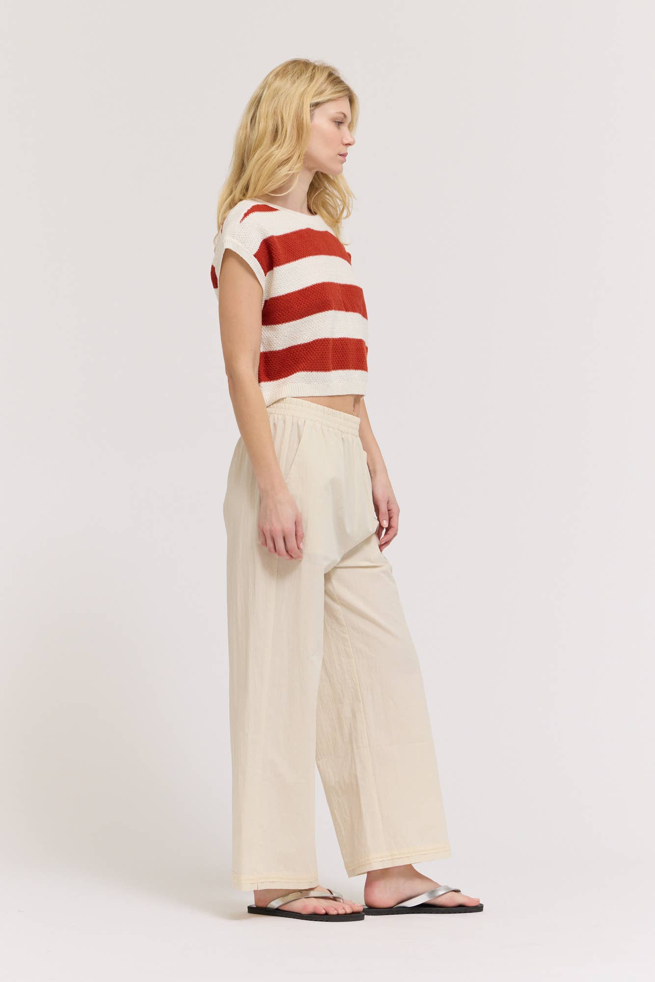 Red Stripe Drop Shoulder Cotton Knit Top
