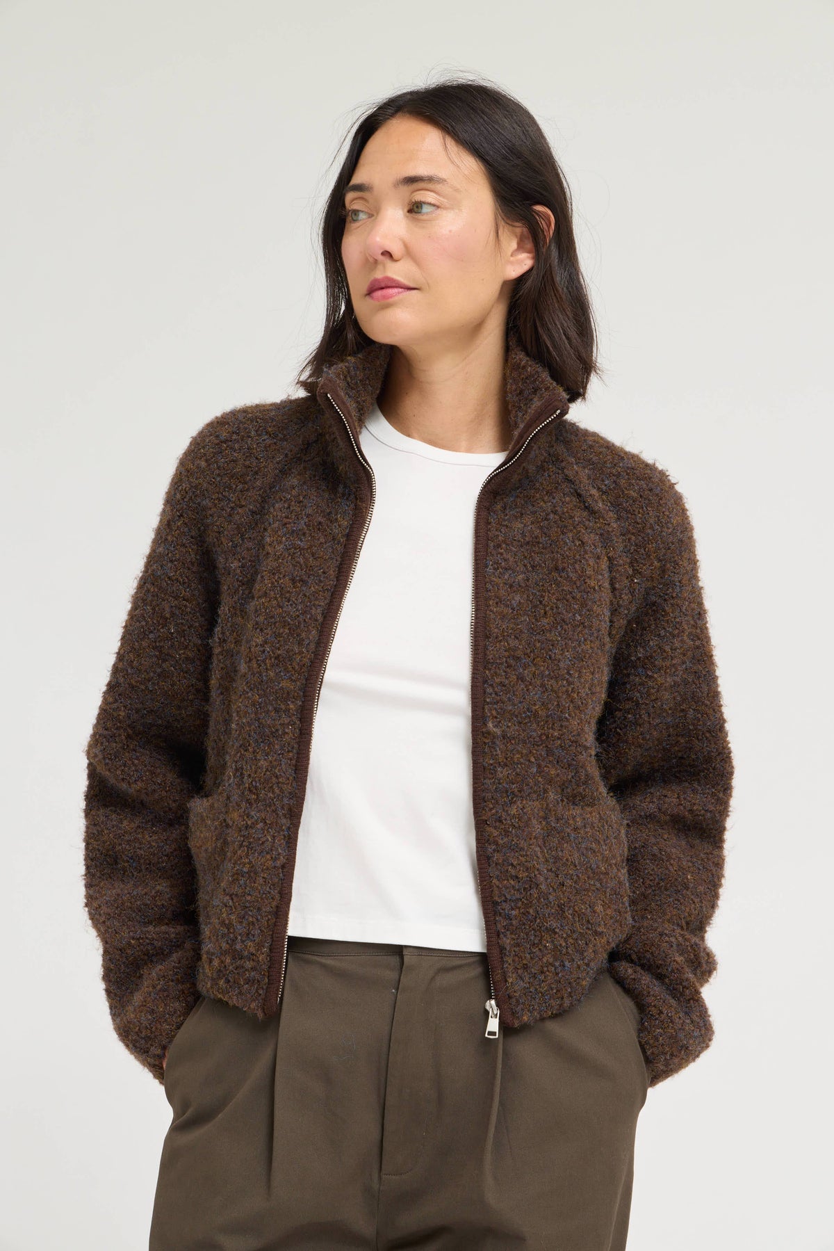 Funnel Neck Zip-Up Sweater Jacket