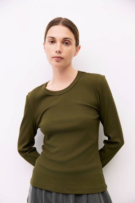Olive Long Sleeve Ribbed T-Shirt