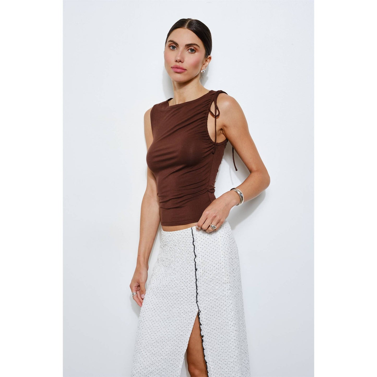Brown Ruched Tie Shoulder Top