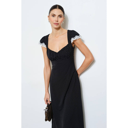 Black Polka Dot Lace Trim Midi Dress