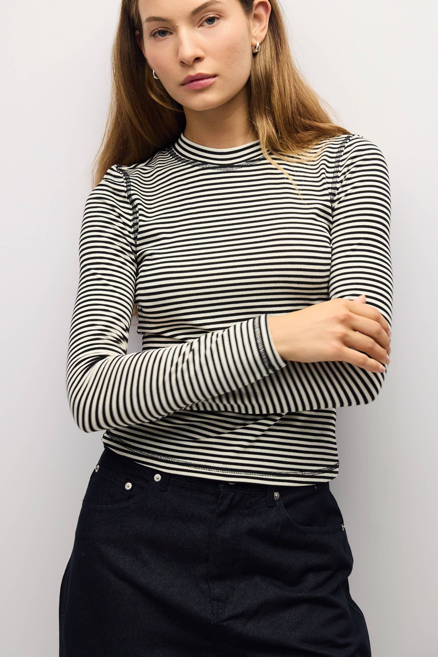 Mock Neck Striped Long Sleeve Tee