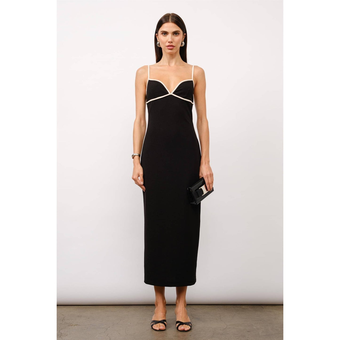 Black Crepe Maxi Dress with Contrast Trim