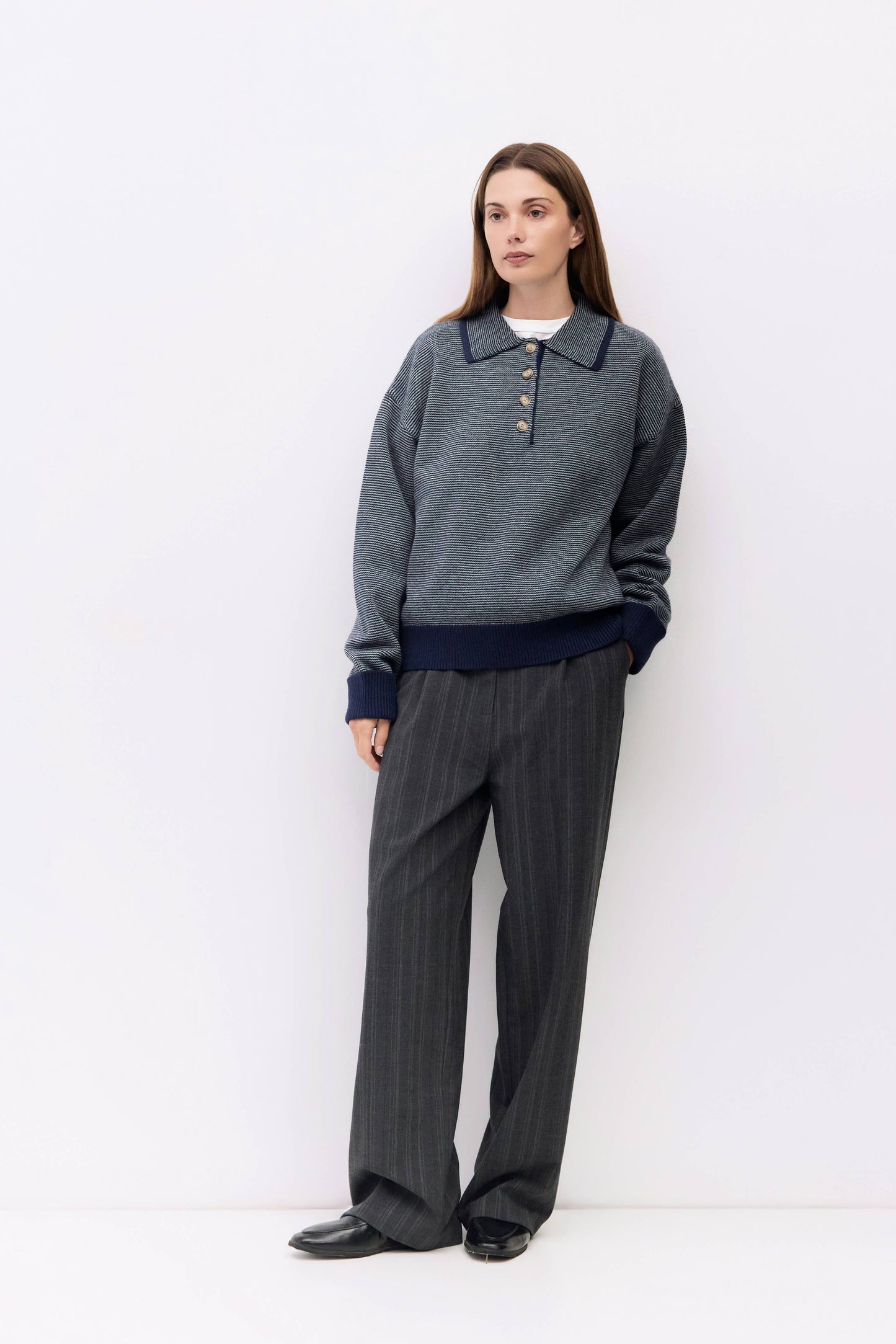 Blue Striped Collared Polo Sweater