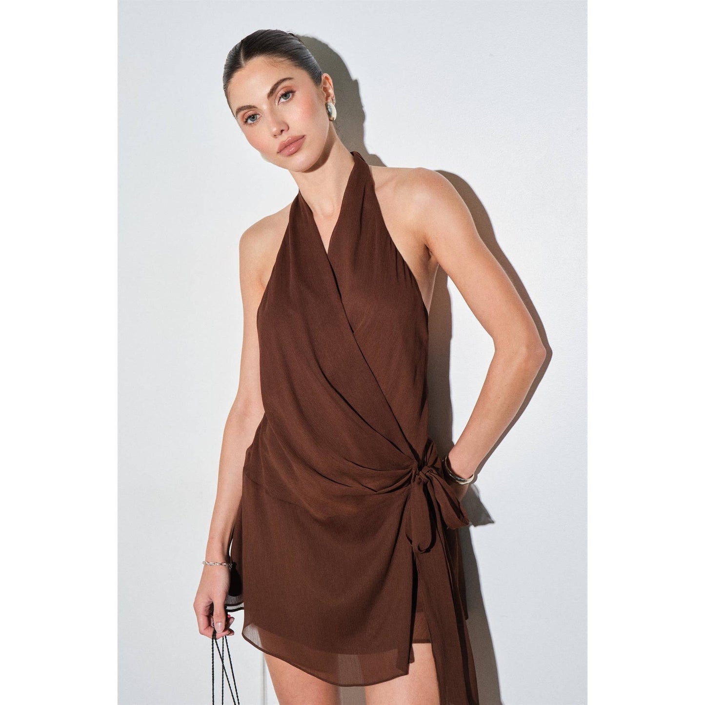 Brown Chiffon Draped Halter Wrap Mini Dress