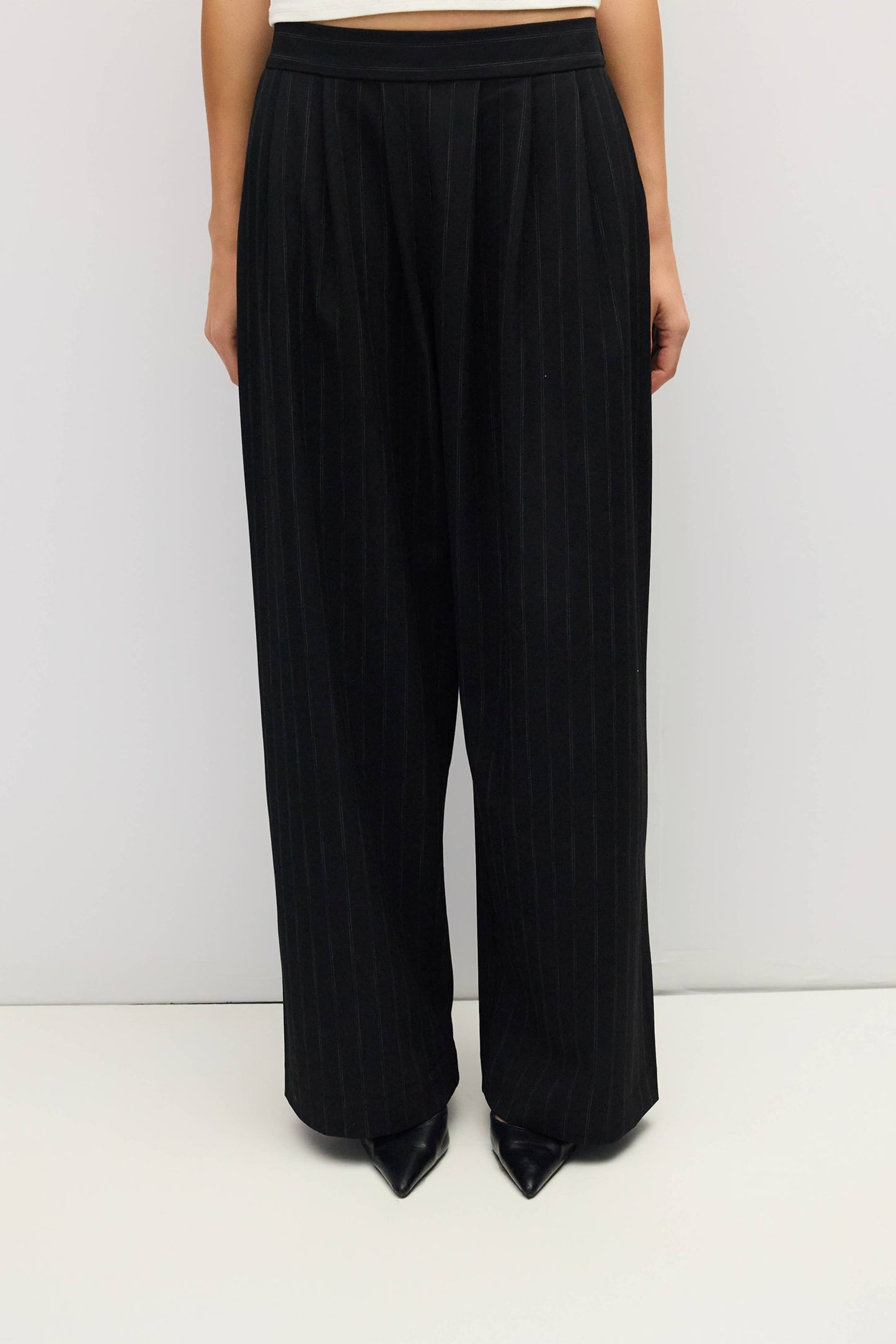 Black Pinstripe Pleated Wide Leg Pants