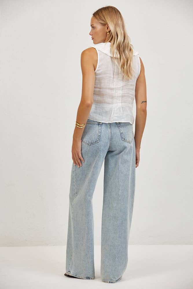 White Linen Ruffle V-Neck Sleeveless Top