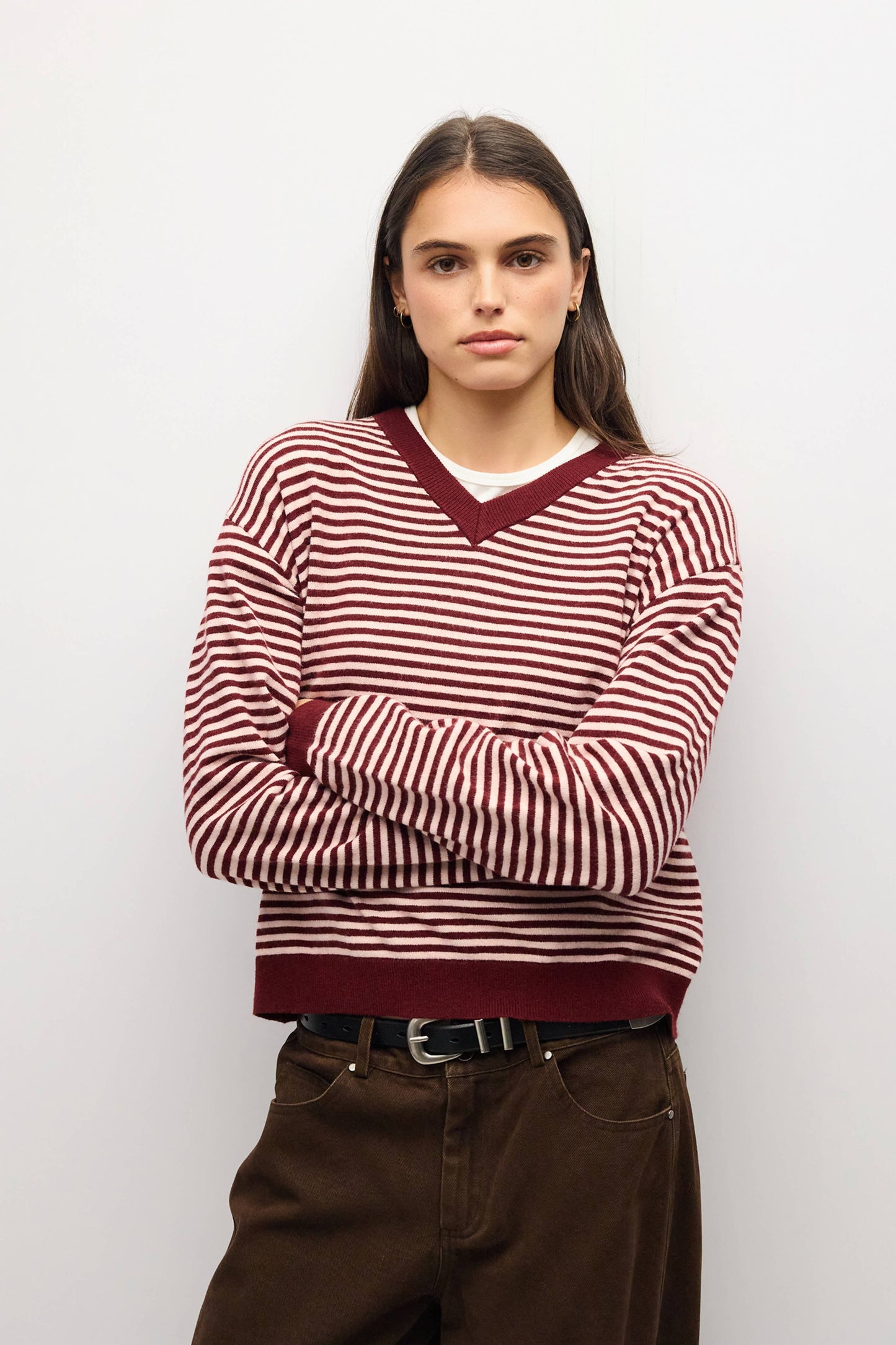 Striped Burgundy/Pink V-Neck Sweater